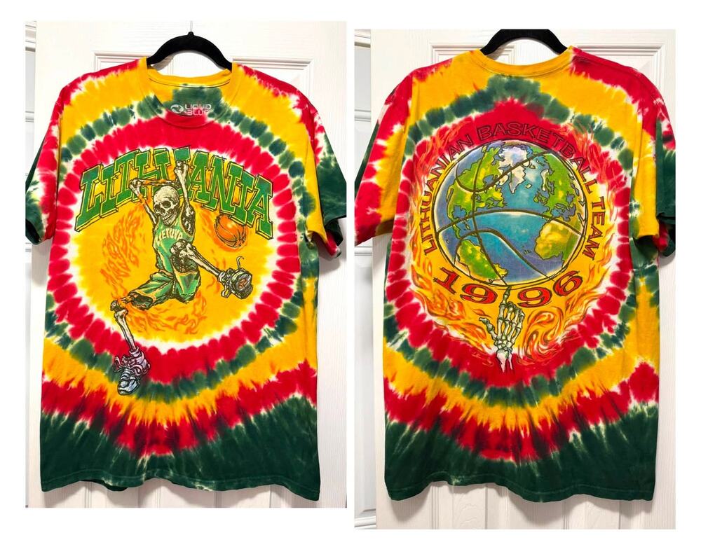 Mens Size L 2020 Liquid Blue Tie Dye Lithuania Skeleton Basketball T Shirt